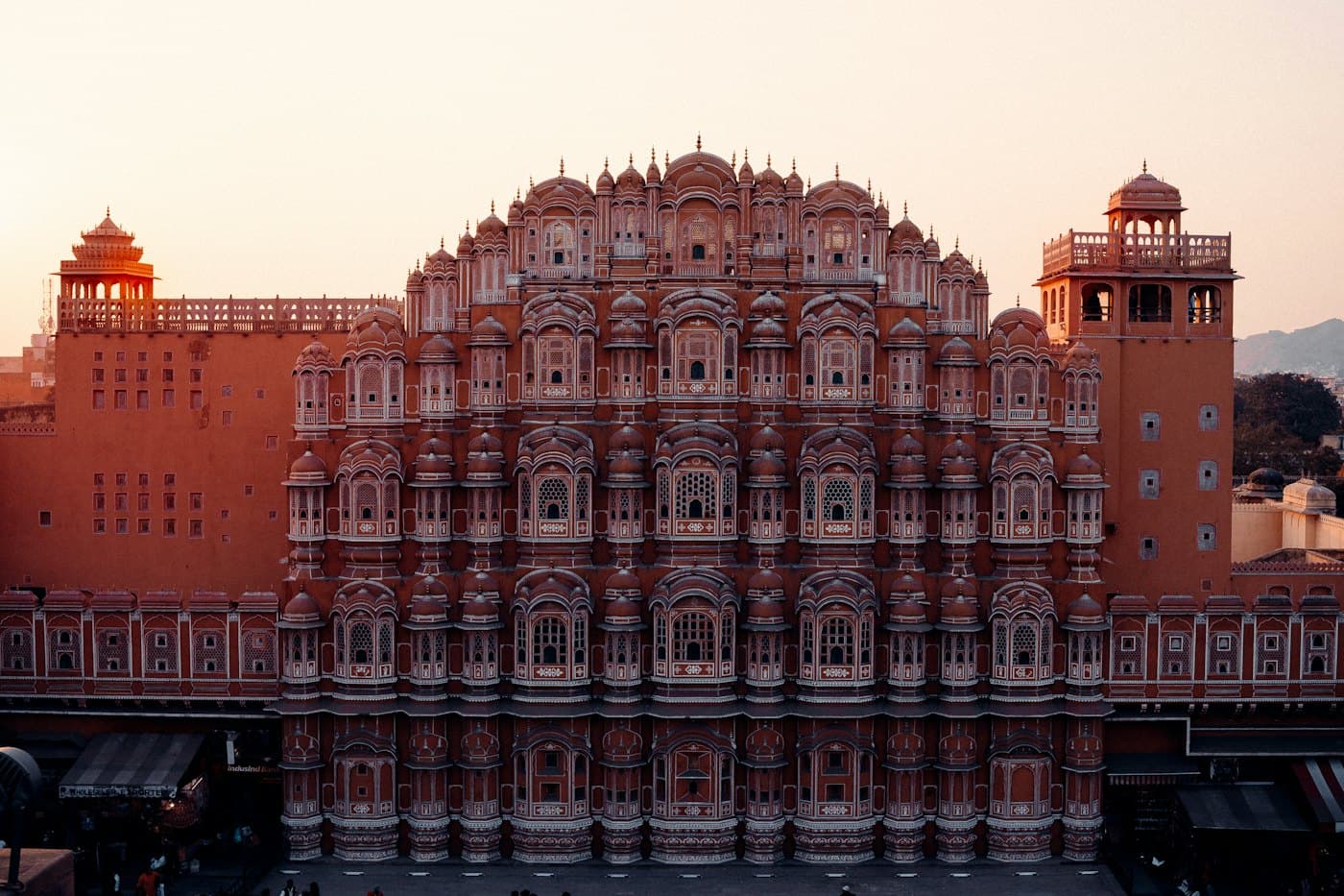 The pink sandstone facade of Hawa Mahal, Jaipur