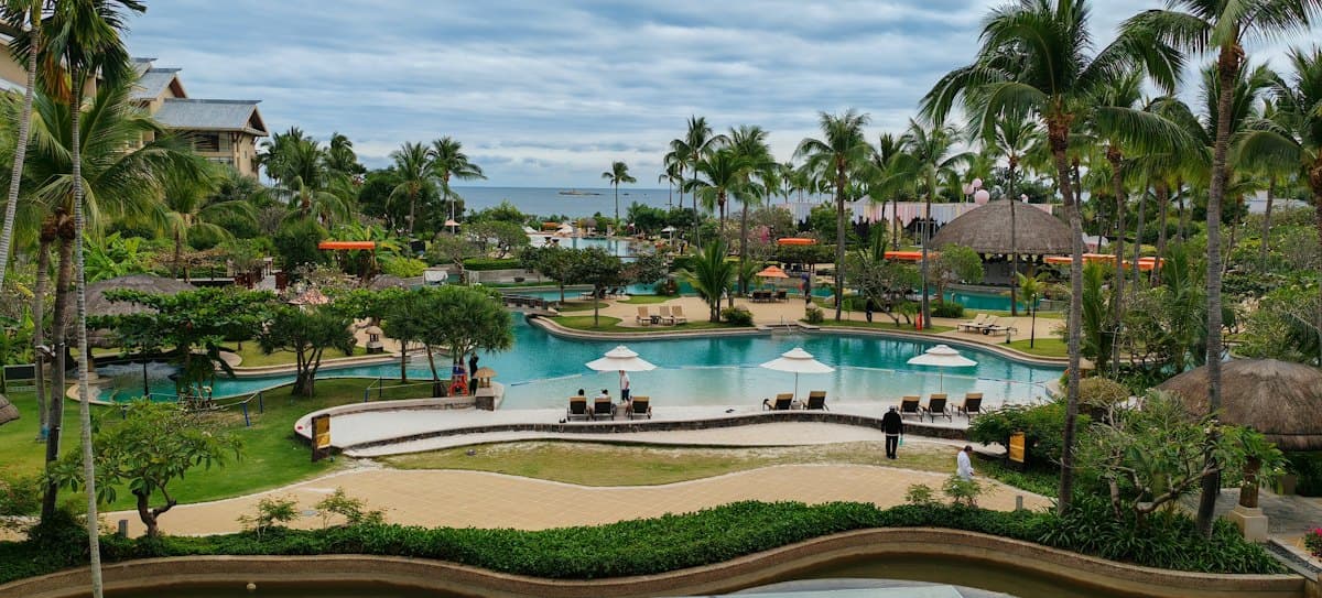 A tropical resort pool surrounded by palm trees